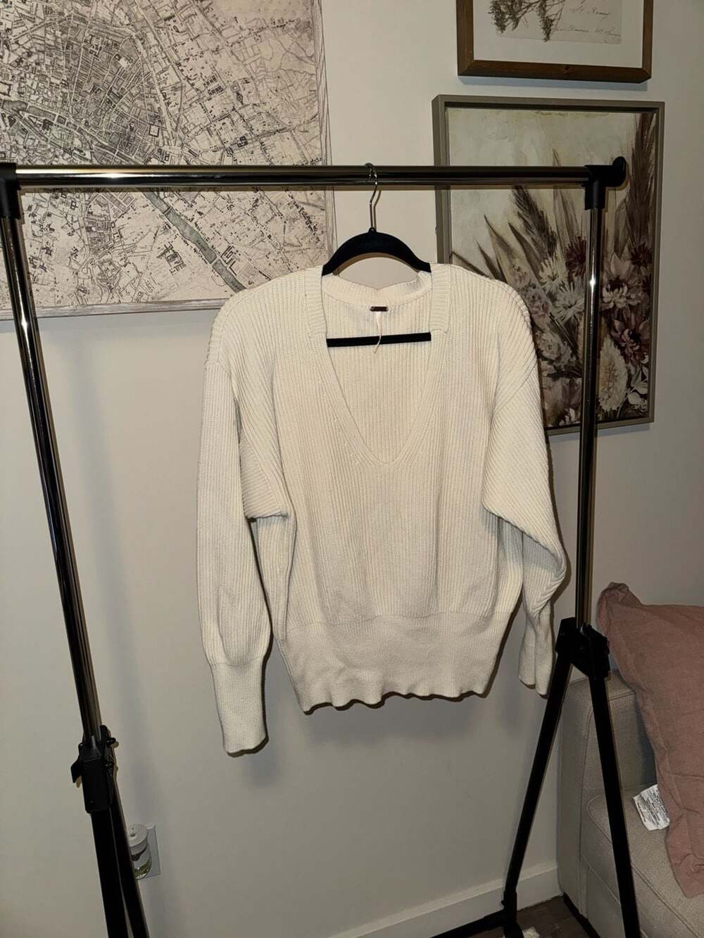 Free People Allure Ribbed Knit Deep V-Neck Oversized Sweater in Ivory